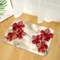 Red Crystal Flower Bathroom Floor Mat Set 3pcs