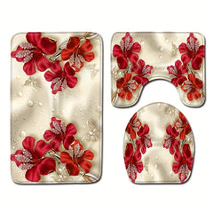 Red Crystal Flower Bathroom Floor Mat Set 3pcs