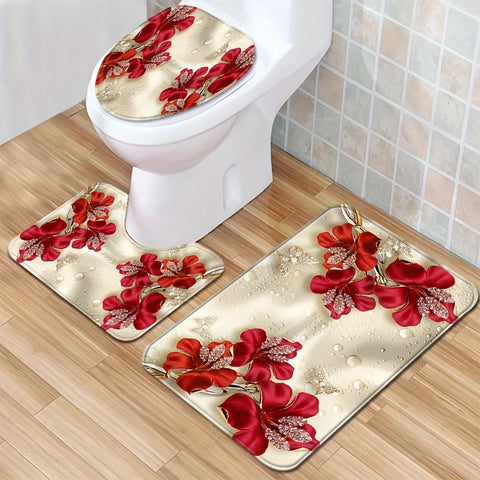 Red Crystal Flower Bathroom Floor Mat Set 3pcs