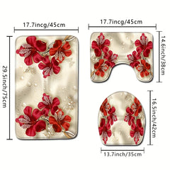 Red Crystal Flower Bathroom Floor Mat Set 3pcs